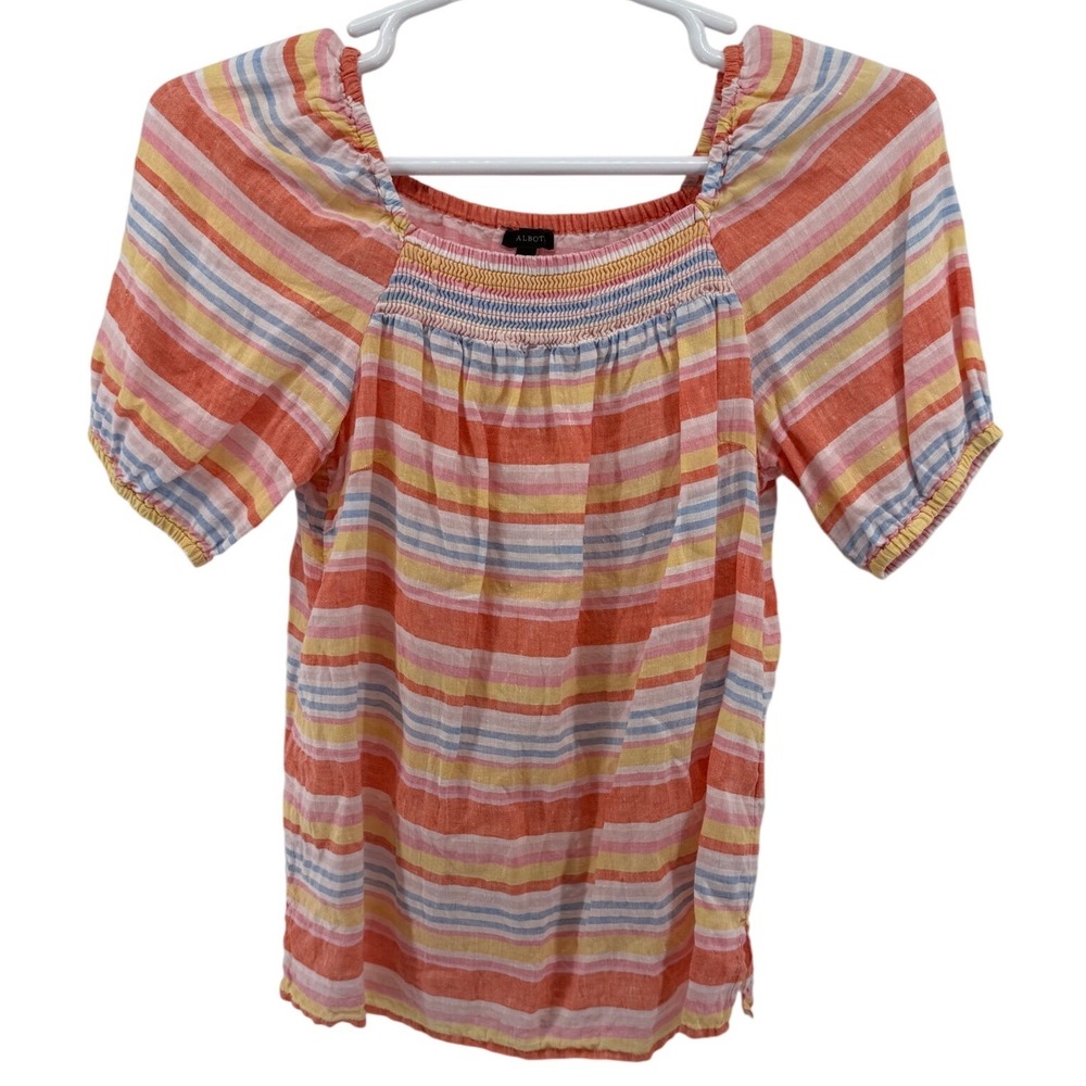 Talbots‎ Womens S Orange Multi Color Striped 100% Linen Smocked Square Neck Top